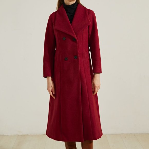 WIDE LAPEL WOOL DOUBLE-BREASTED FLARE LONGLINE COAT IN RED - Picture 1 of 3